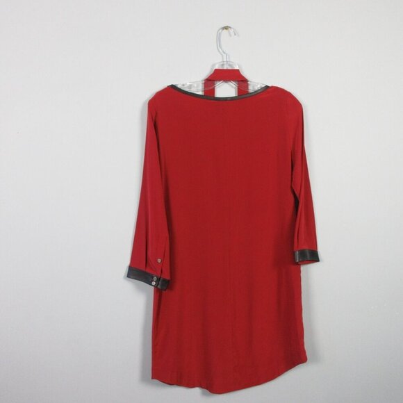 Club Monaco 100% Silk Dress 4 Red Leather Trim Long Sleeve Belted Boxy Shift 134 - Picture 2 of 11